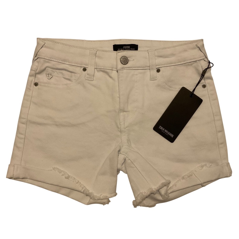 True Religion Jayde Mid Rise Roll Shorts Optic‎ White 204592 Womens 25 NEW